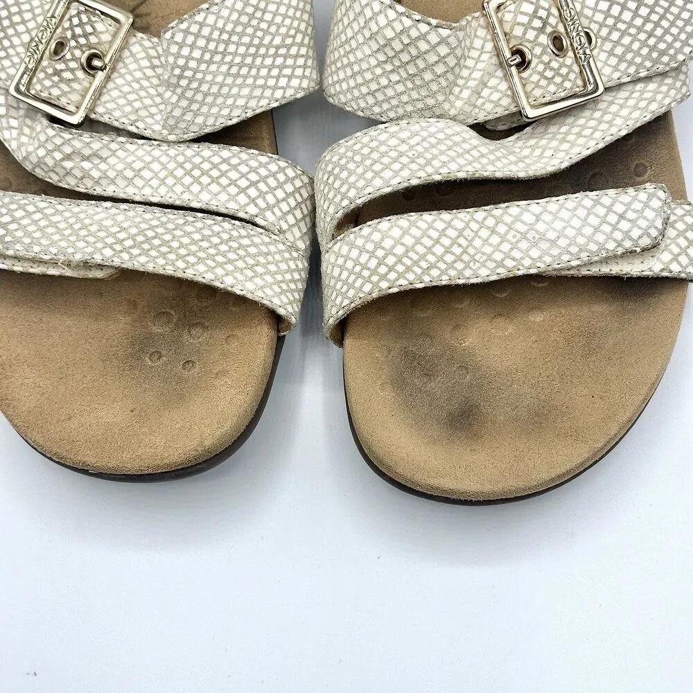 Vionic Skylar Snakeskin Cream Adjustable Orthotic Slide Sandals Womens Size 8